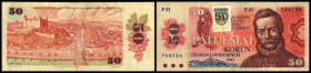 Abspaltung von der Tschech.Rep. 1993 - Selbst.Rep.Slowakei, Tschechische Banknoten mit Klebemarke. 50 Kronen 1987(1993 Kl.M auf Cz.96) P-16. IV