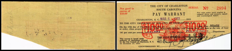 City of Charleston/S.Carolina. 10 $ 6.3.1933 SC-101-10b, entwertet. III+