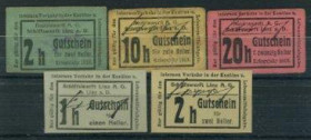 Linz, Oberösterreich, Stadt – Austria- & Schiffswerft. Lot 5 Stück, 1,2x2,10,20 Heller 1916/o.D., Richter-79/I-II, Varianten. I/III