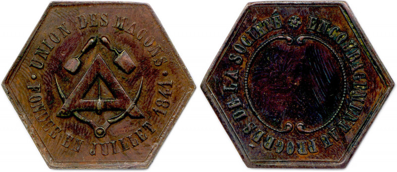 UNION DES MAÇONS
Légende : UNION DES MAÇONS / FONDÉE EN JUILLET 1841. Niveau, co...