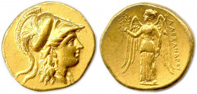 MACÉDOINE Royaume 
ALEXANDRE III LE GRAND 336-323
Tête casquée d’Athéna. R/. Victoire debout de face 
tenant la stylis et une couronne de feuillage.
P...