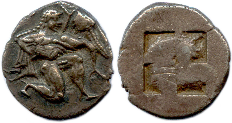 THRACE - THASOS Île 550-463
Satyre ithyphallique enlevant une nymphe. 
R/. Carré...