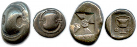 BÉOTIE - THÈBES 480-460
DEUX monnaies en argent au bouclier : 
Drachme au carré creux Pozzi 1406 
Hémidrachme au canthare Pozzi 1420. (8,51 g) 
T.B....