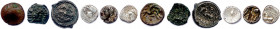 GAULE 
SIX monnaies gauloises en bronze et trois en argent : 
Statère uniface AMBIANI, Bronze CARNUTES à l’oiseau et au serpent, Potin SUESSIONES à la...
