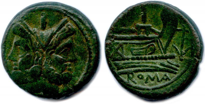 RÉPUBLIQUE ROMAINE Anonyme 209-208
Tête laurée de Janus bifrons. R/. Proue de na...