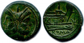 RÉPUBLIQUE ROMAINE Anonyme 209-208
Tête laurée de Janus bifrons. R/. Proue de navire. 
Devant une ancre. Dessous : ROMA.
Syd 145 ; Cr 50/3 ; Bab 26
As...