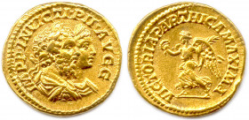 SEPTIME SÉVÈRE et CARACALLA 
27 mai 196 - 8 avril 217
IMP P • INVICTI • PI I• AVGG. Les deux bustes accolés 
laurés, drapés et cuirassés. 
R/. VICTORI...