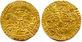JEAN II le Bon 1350-1364
IOhAnnES: DEI : GRACIA: FRAnCORV: REX. 
Jean II à cheval, galopant à gauche, l’épée haute, coiffé 
d’un heaume couronné sommé...