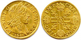 LOUIS XIII 1610-1643
Sa tête laurée à droite. Dessous : .1641. R/. Croix formée
de huit L couronnés cantonnée de quatre lis. Étoile.
Fr 410 ; Dy 12...