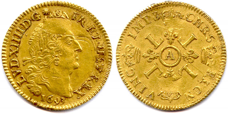 LOUIS XIV 1643-1715
Tête âgée et laurée du roi. Soleil marque de Hiérosme de 
la...