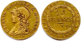 GAULE SUBALPINE Marengo 1800-1802
20 Francs or an 9 (1800-1801) Turin. (15831 ex.) (6,44 g) 
 Fr (Italie) 1172 ; Gad IT 5
Très beau.