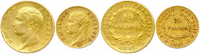NAPOLÉON Ier 1804-1814
DEUX monnaies en or (19,23 g les 2) :
40 Francs (retouché) an 13 Paris, 
20 Francs an 13 Paris. 
T.B.