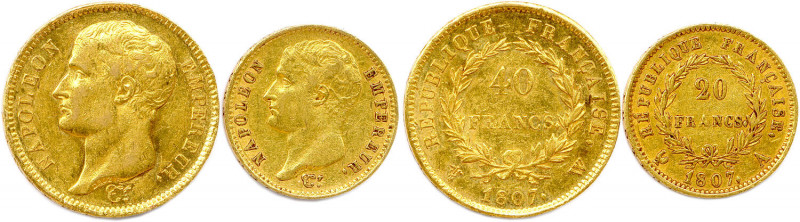 NAPOLÉON Ier 1804-1814
DEUX monnaies en or (19,35 g les 2) :
Type transitoire « ...