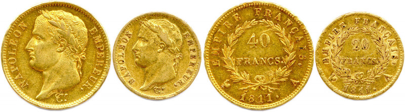 NAPOLÉON Ier 1804-1814
DEUX monnaies en or (19,31 g les 2) :
40 Francs et 20 Fra...