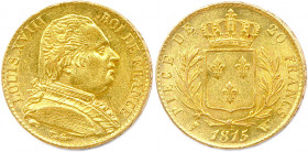 LOUIS XVIII Première restauration 
4 juin 1814 - 1er mars 1815
20 Francs or (buste habillé) 1815 Lille. (6,43 g) 
Très beau.