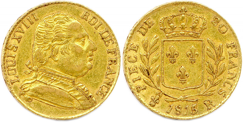 LOUIS XVIII Exil 20 mars 1815 - 8 juillet 1815
20 Francs or (buste habillé) 1815...