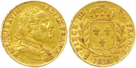 LOUIS XVIII Exil 20 mars 1815 - 8 juillet 1815
20 Francs or (buste habillé) 1815 R = Londres. (6,45 g) 
T.B.