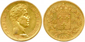 CHARLES X 16 septembre 1824 - 2 août 1830
40 Francs or 1824 A = Paris. (12,87 g) 
T.B.