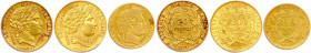 IIe RÉPUBLIQUE 1848-1852
TROIS monnaies en or (16,05 g les 3) :
Type Cérès
20 Francs 1850 et 1851 Paris,
10 Francs 1850 Paris. 
Très beau et Beau....