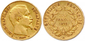 LOUIS NAPOLÉON BONAPARTE Prince président 
10 décembre 1848 - 2 décembre 1852
20 Francs or 1852 Paris. (6,39 g) 
T.B.