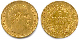 NAPOLÉON III 2 décembre 1852 - 4 septembre 1870
5 Francs or (petit module tranche striée) 1854 Paris. (1,61 g) 
Très beau.