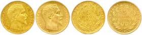 NAPOLÉON III 1852-1870
DEUX monnaies en or (3,24 g les 2) 
Tête nue petit module :
5 Francs (tranche lisse) 1854 Paris, 
5 Francs (tranche striée) 185...