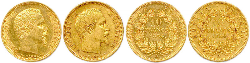 NAPOLÉON III 1852-1870
DEUX monnaies en or (6,43 g les 2) 
Tête nue petit module...
