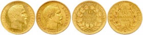 NAPOLÉON III 1852-1870
DEUX monnaies en or (6,43 g les 2) 
Tête nue petit module :
10 Francs (tranche lisse) 1854 Paris,
10 Francs (tranche striée) 18...
