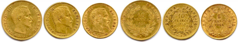 NAPOLÉON III 1852-1870
TROIS monnaies en or (8,03 g les 2) :
10 Francs (petit mo...