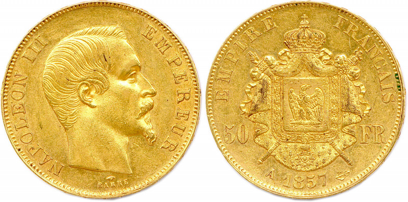 NAPOLÉON III 1852-1870
50 Francs or (tête nue) 1857 Paris. (16,18 g) 
Très beau....