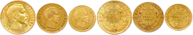 NAPOLÉON III 1852-1870
TROIS monnaies en or (11,20 g les 3) : 
20 Francs 1856 Pa...
