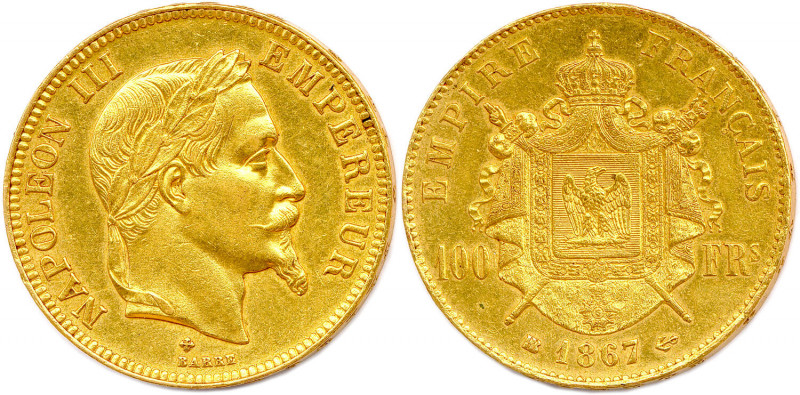 NAPOLÉON III 1852-1870
100 Francs or (tête laurée) 1867 Strasbourg. (2807 ex.) 
...