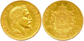 NAPOLÉON III 1852-1870
100 Francs or (tête laurée) 1867 Strasbourg. (2807 ex.) 
(32,31 g) 
Rare. Très beau.