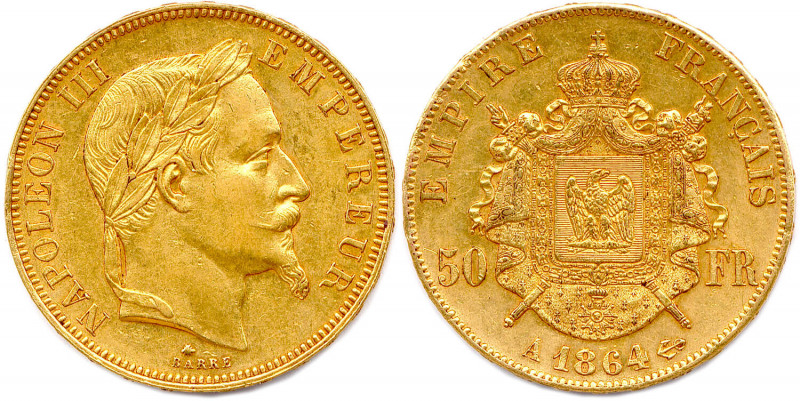 NAPOLÉON III 1852-1870
50 Francs or (tête laurée) 1864 Paris. (16,18 g) 
Infimes...