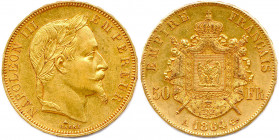 NAPOLÉON III 1852-1870
50 Francs or (tête laurée) 1864 Paris. (16,18 g) 
Infimes coups sur la tranche. Très beau.