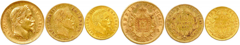 NAPOLÉON III 1852-1870
TROIS monnaies en or (11,26 g les 3) : 
20 Francs 1864 Pa...