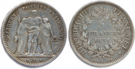 LA COMMUNE DE PARIS 
18 mars 1871 - 28 mai 1871
5 Francs argent Camélinat (trident**) 1871 Paris. 
Gad 744 (24,89 g) 
T.B.