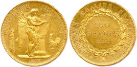 IIIe RÉPUBLIQUE 4 septembre 1870 - 16 juin 1940
100 Francs or (Dieu protège la France) 1882 Paris. 
(32,31 g) 
Très beau.