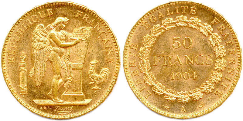 IIIe RÉPUBLIQUE 1870-1940
50 Francs or (Génie) 1904 Paris. (16,16 g) 
Très beau....