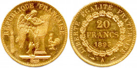 IIIe RÉPUBLIQUE 1870-1940
20 Francs or (Génie) 1893 Paris. (6,46 g) 
Superbe.