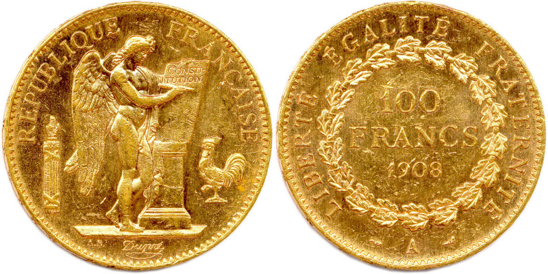 IIIe RÉPUBLIQUE 1870-1940
100 Francs or (Liberté Egalité Fraternité) 1908 Paris....