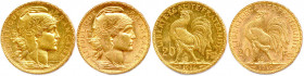 IIIe RÉPUBLIQUE 1870-1940
DEUX monnaies en or (12,93 g les 2) :
20 Francs (type au coq) 1906 et 1910. 
Très beaux.