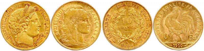 IIIe RÉPUBLIQUE 1870-1940
DEUX monnaies en or (6,45 g les 2) :
10 Francs (Cérè...