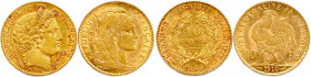 IIIe RÉPUBLIQUE 1870-1940
DEUX monnaies en or (6,45 g les 2) :
10 Francs (Cérès) 1899 Paris
10 Francs (Coq) 1910 Paris.
T.B.