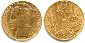 IIIe RÉPUBLIQUE 1870-1940
100 Francs or Bazor 1935. (6,57 g) 
Différents : corne d’abondance et aile***.
Superbe.