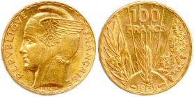 IIIe RÉPUBLIQUE 1870-1940
100 Francs or Bazor 1936. (6,58 g) 
Superbe.