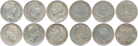 FRANCE XIXe siècle 
SIX monnaies françaises en argent (149,29 g le lot) : 
NAPOLÉON Ier 5 Francs an 13 Paris (tête nue)
5 Francs 1808 Rouen (tête laur...