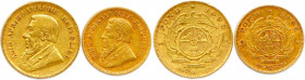 AFRIQUE DU SUD République 
PAUL KRUGER 5e Président 9 mai 1883 - 31 mai 1902
DEUX monnaies en or (11,92 g) : 
Pond 1898 et ½ Pond 1895. 
Fr 2 et 3
T.B...