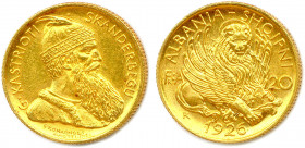 ALBANIE - ZOG Ier 1925-1939
20 Franka Ari or (buste de Scanderbeg*) 1926 Rome. (6,47 g) 
Fr 4
Superbe.