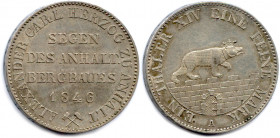 ALLEMAGNE - ANHALT BERNBOURG Ville libre 
ALEXANDRE CHARLES Duc 1834 - 19 août 1863
Thaler des Mines en argent 1846. 
Tranche inscrite en creux. 
(22,...